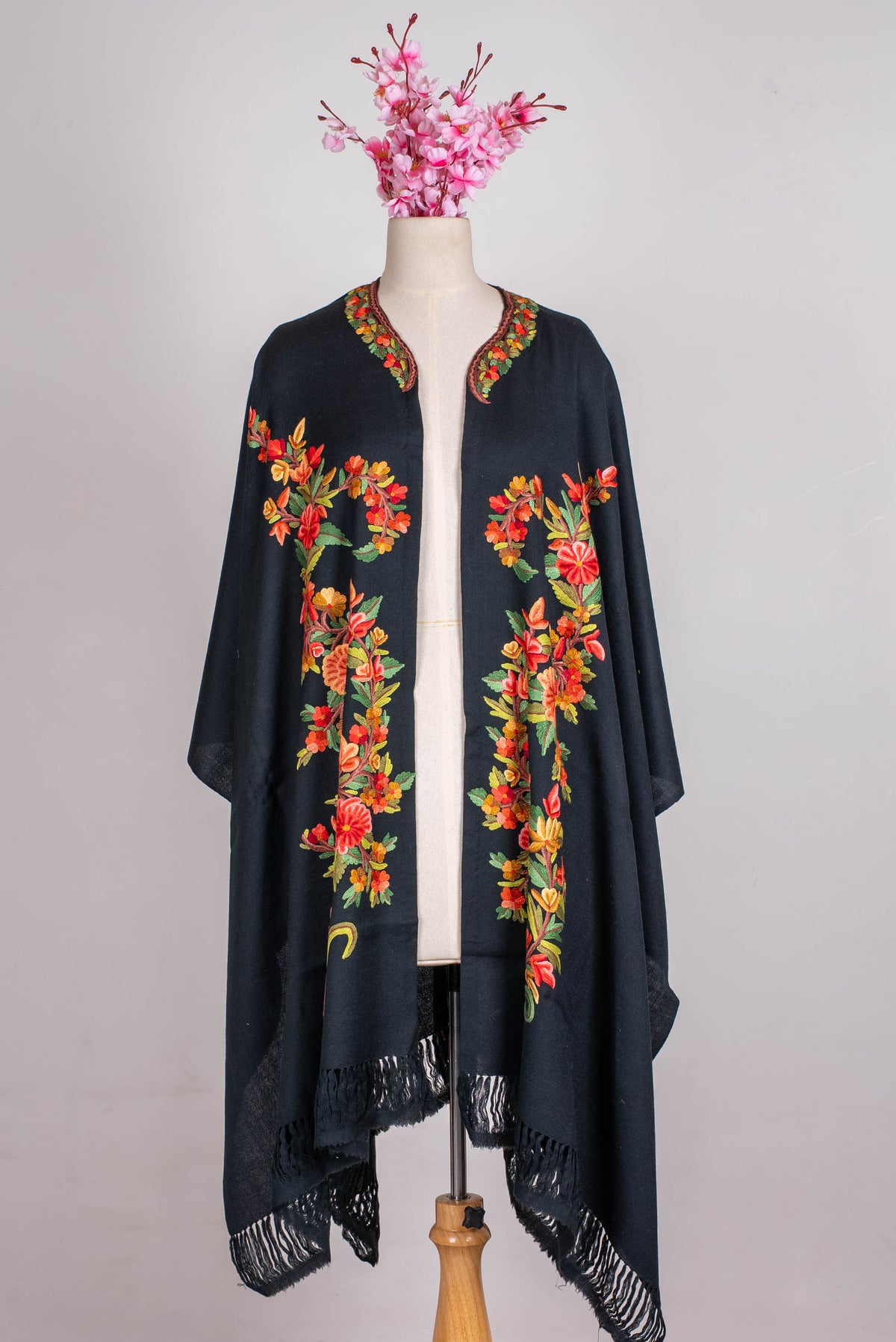 Hand Embroidered Open Front Shawl/Cape with Vibrant Floral Vine Design