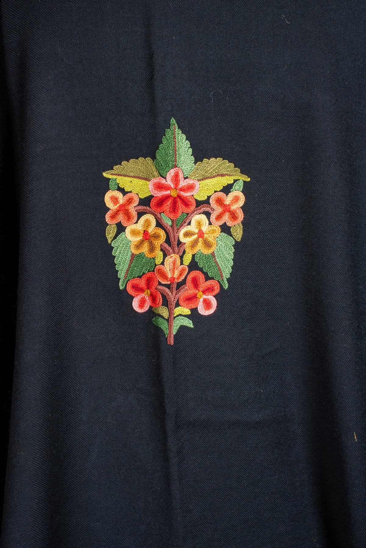 Hand Embroidered Open Front Shawl/Cape with Vibrant Floral Vine Design