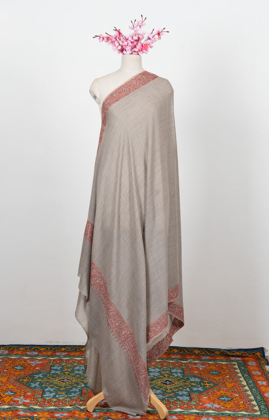 Ash Clay Heritage 2.5 Yards Sozni Hand Embroidered Shawl