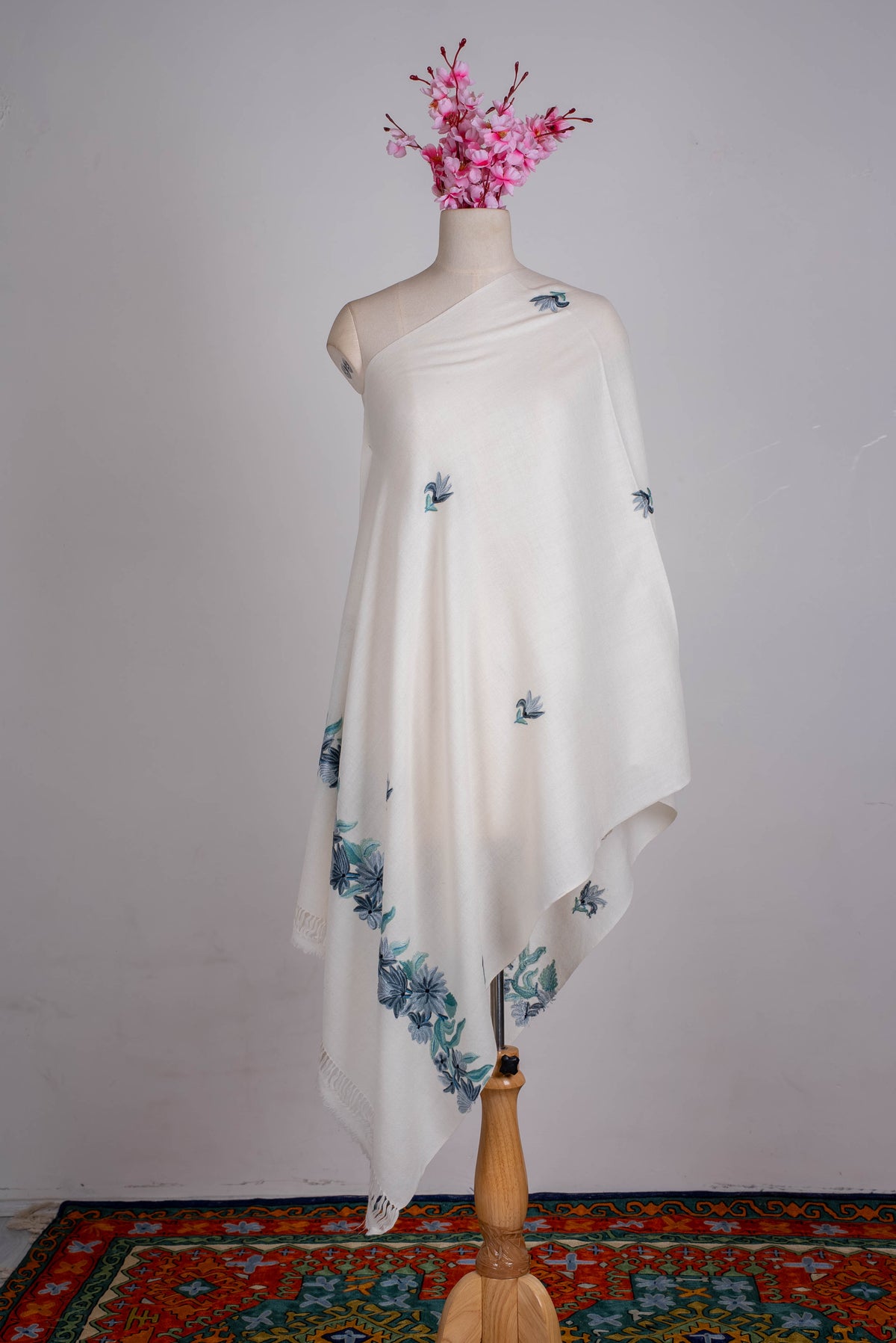 Fine Merino Wool Aari Hand Embroidered Scarf with Blue Floral Accents