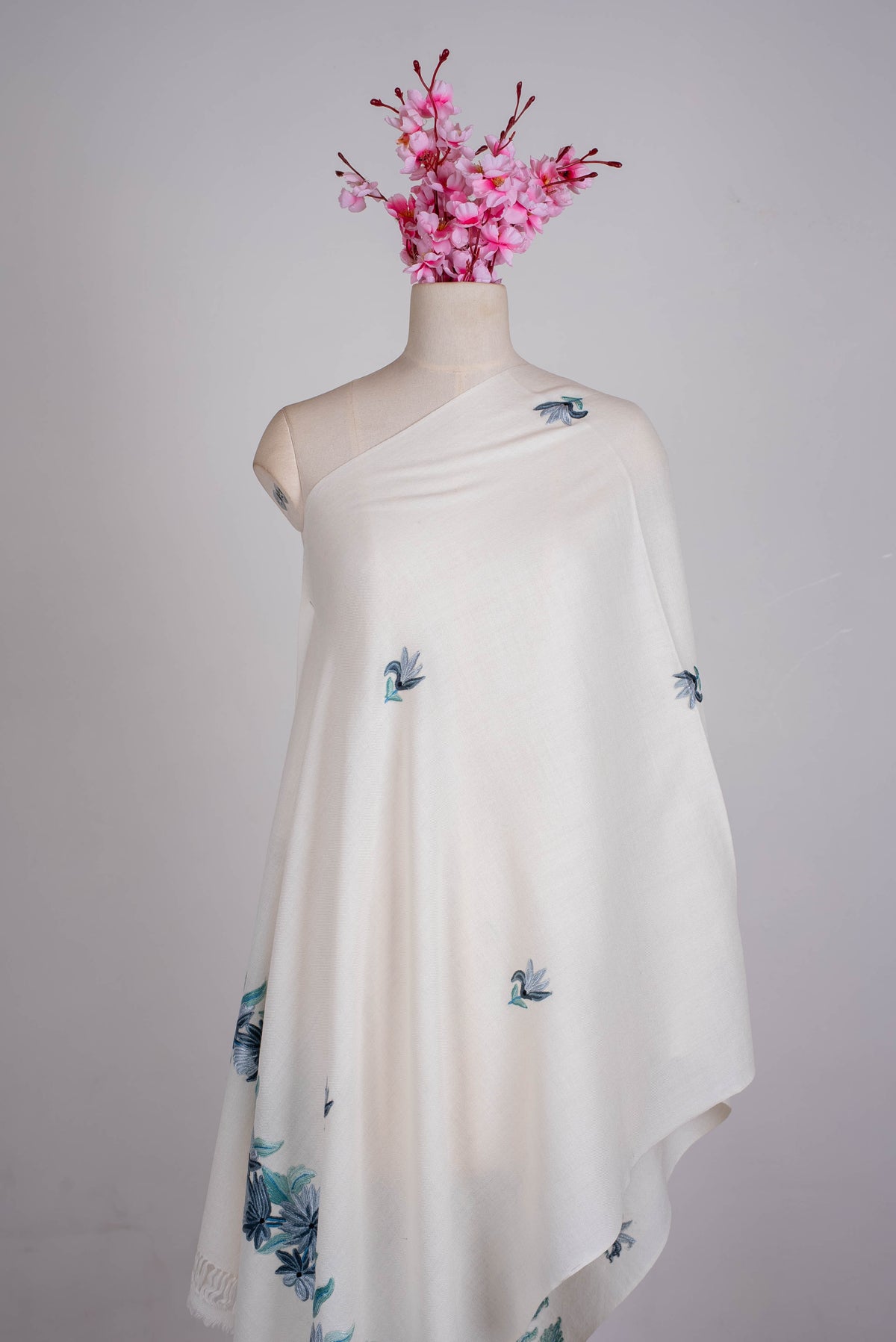 Fine Merino Wool Aari Hand Embroidered Scarf with Blue Floral Accents