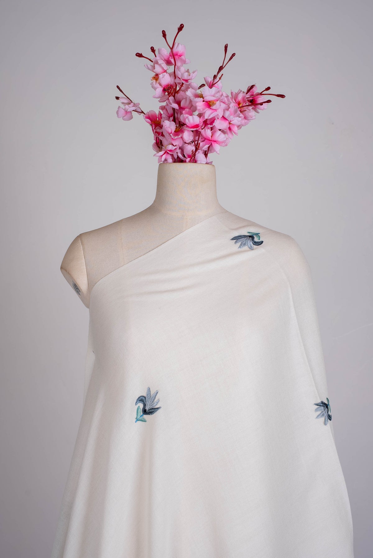Fine Merino Wool Aari Hand Embroidered Scarf with Blue Floral Accents