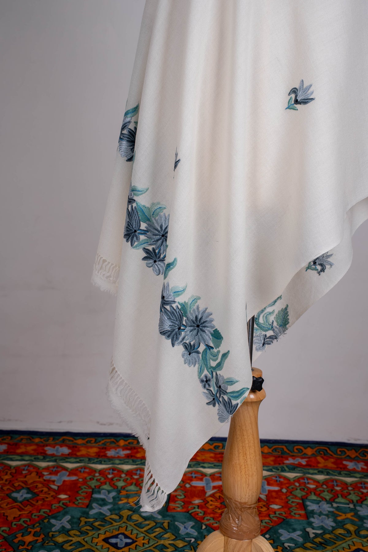 Fine Merino Wool Aari Hand Embroidered Scarf with Blue Floral Accents