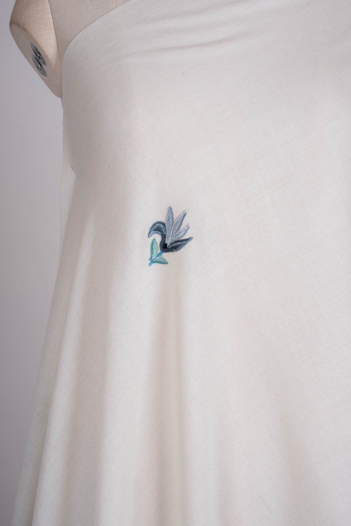 Fine Merino Wool Aari Hand Embroidered Scarf with Blue Floral Accents