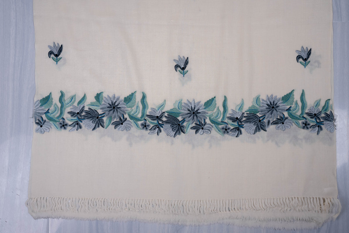 Fine Merino Wool Aari Hand Embroidered Scarf with Blue Floral Accents