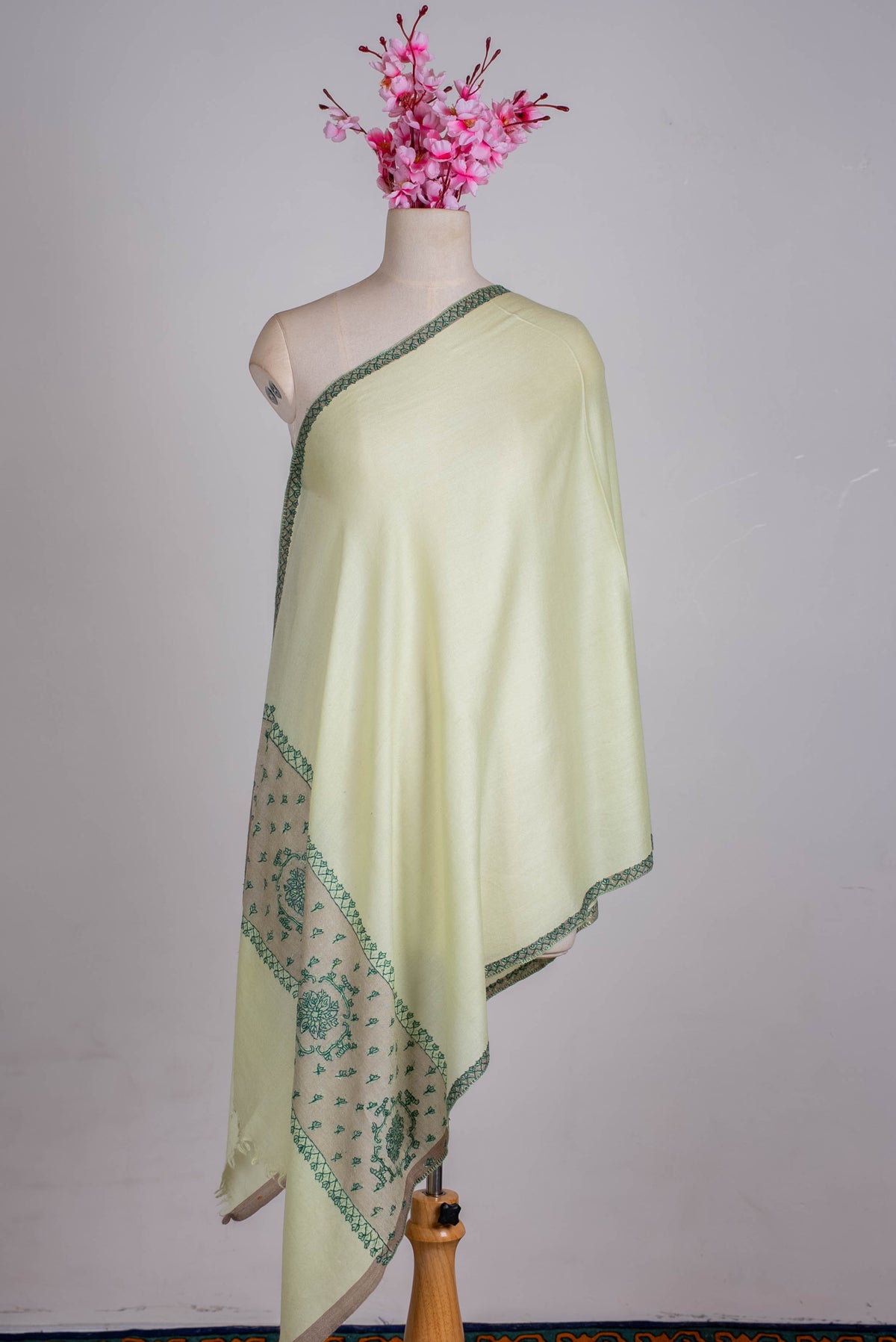 Fine Merino Wool Aari Hand Embroidered Scarf with Green Heritage Motifs
