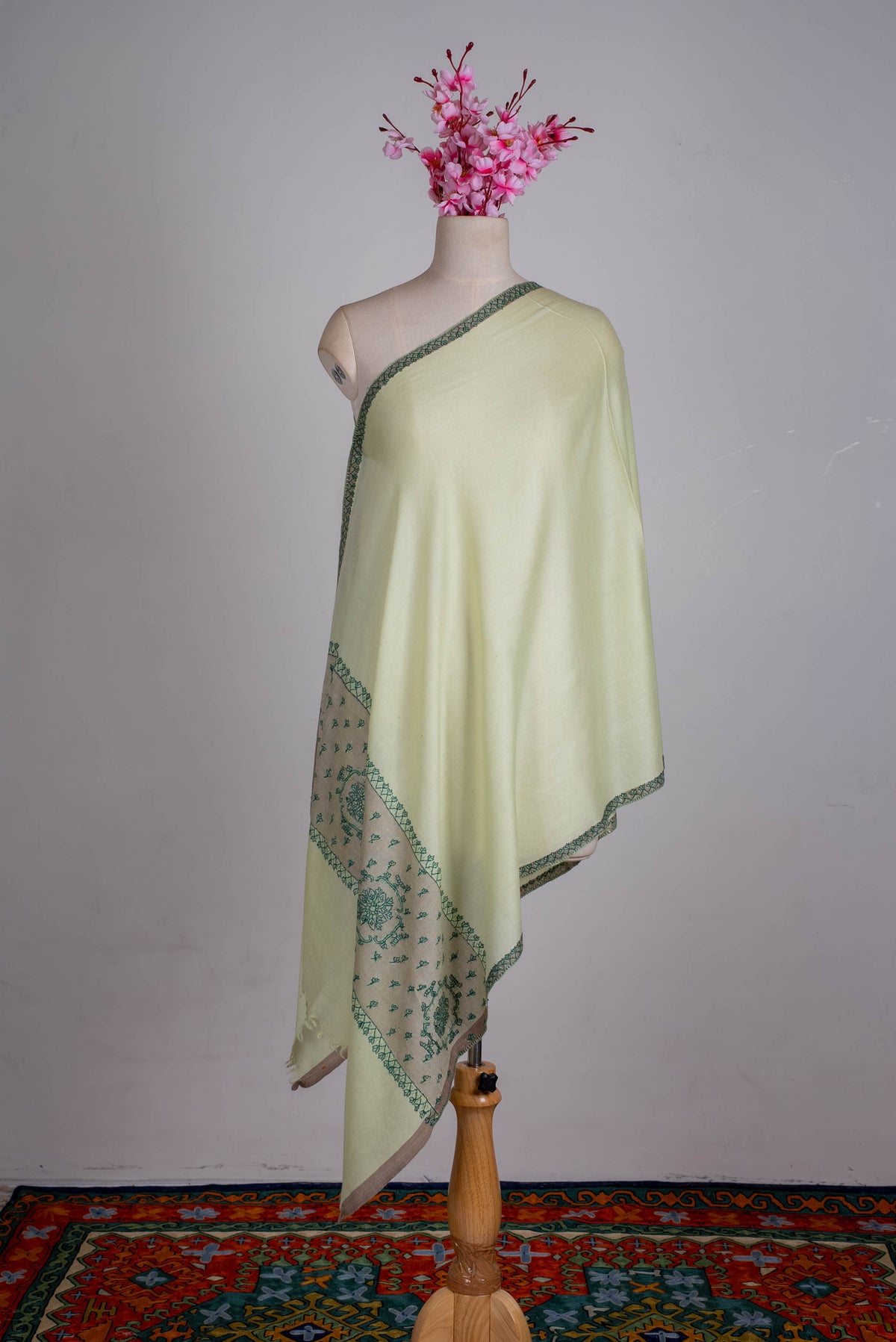 Fine Merino Wool Aari Hand Embroidered Scarf with Green Heritage Motifs