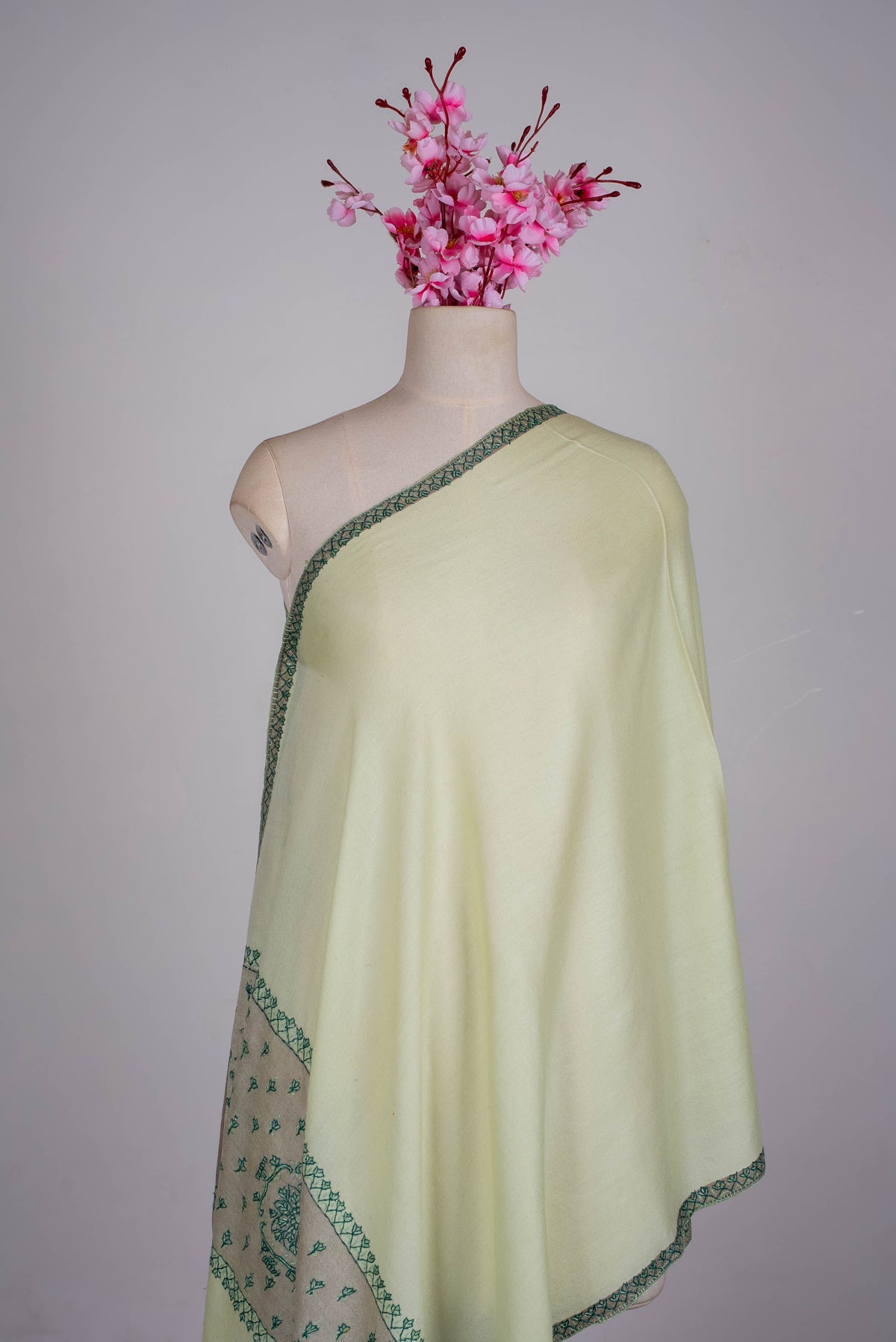 Fine Merino Wool Aari Hand Embroidered Scarf with Green Heritage Motifs