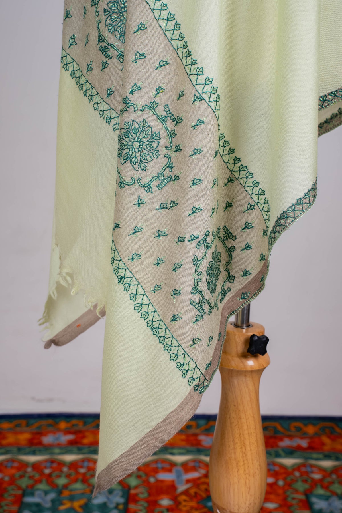 Fine Merino Wool Aari Hand Embroidered Scarf with Green Heritage Motifs