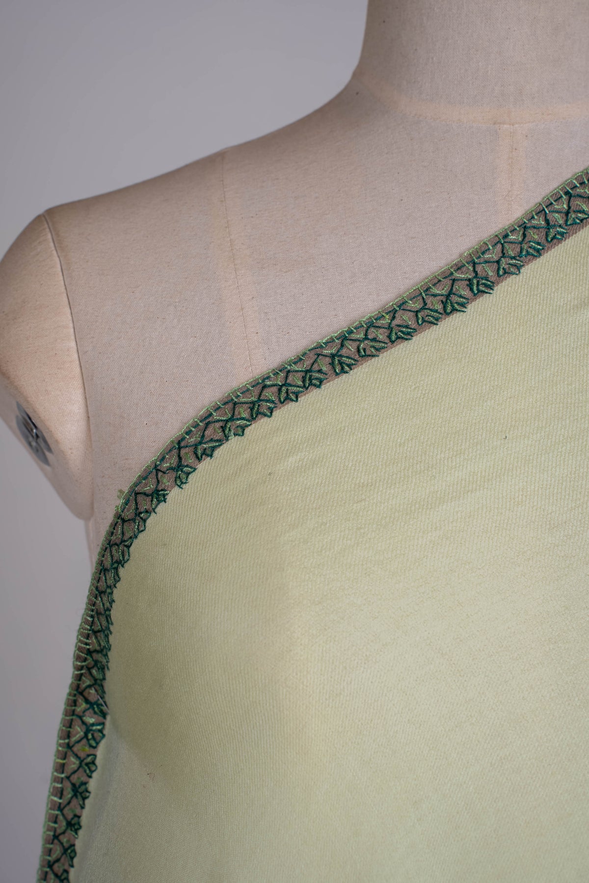 Fine Merino Wool Aari Hand Embroidered Scarf with Green Heritage Motifs