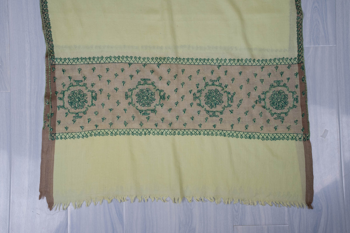 Fine Merino Wool Aari Hand Embroidered Scarf with Green Heritage Motifs