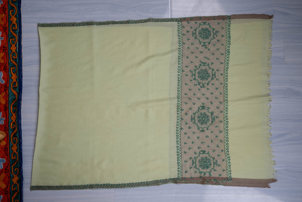 Fine Merino Wool Aari Hand Embroidered Scarf with Green Heritage Motifs