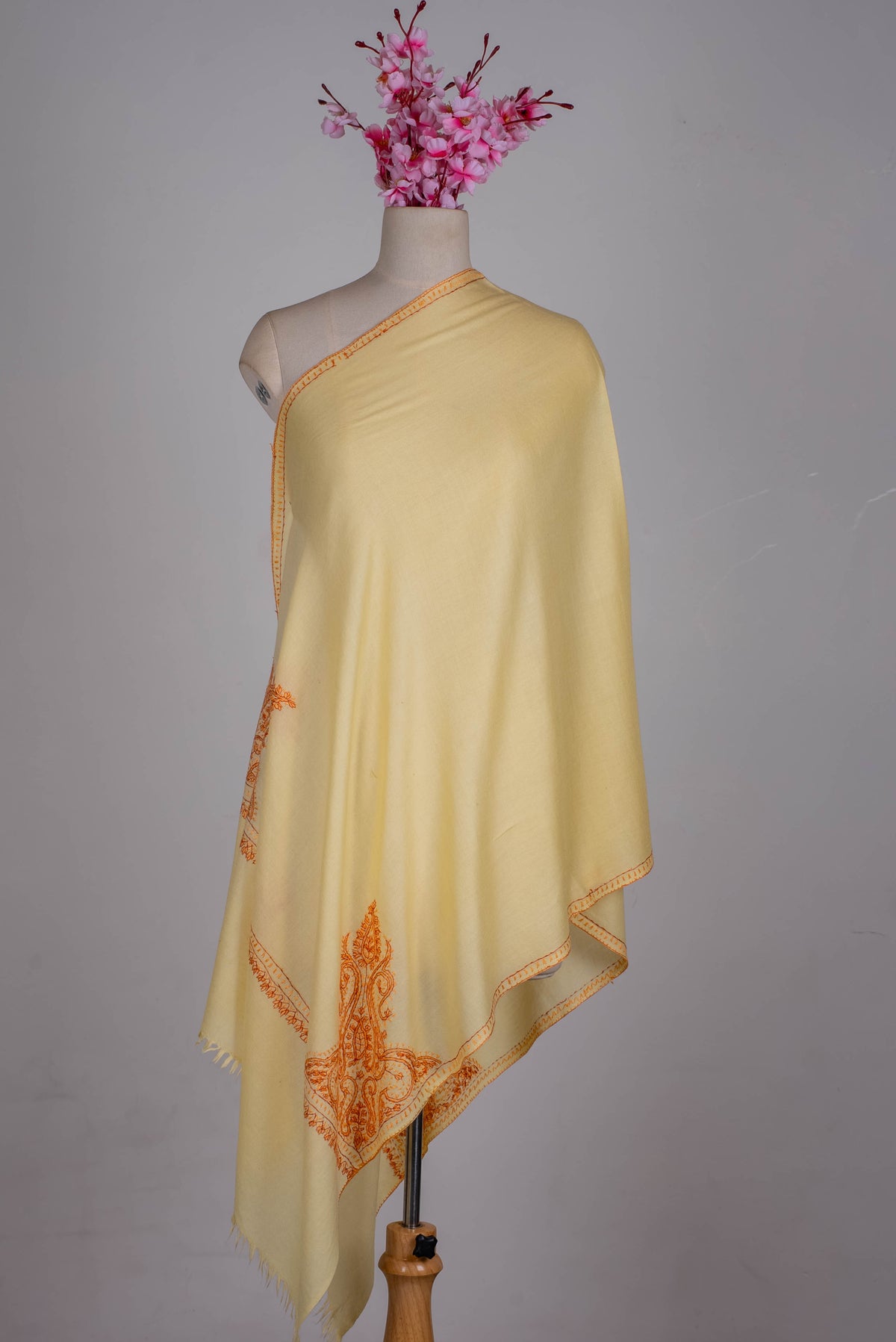 Fine Merino Wool Aari Hand Embroidered Scarf with Orange Paisley Corner Design