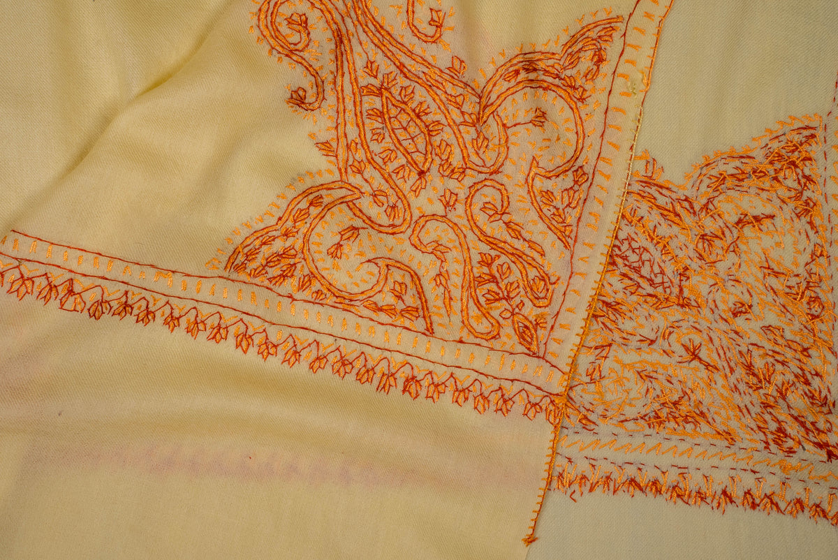 Fine Merino Wool Aari Hand Embroidered Scarf with Orange Paisley Corner Design