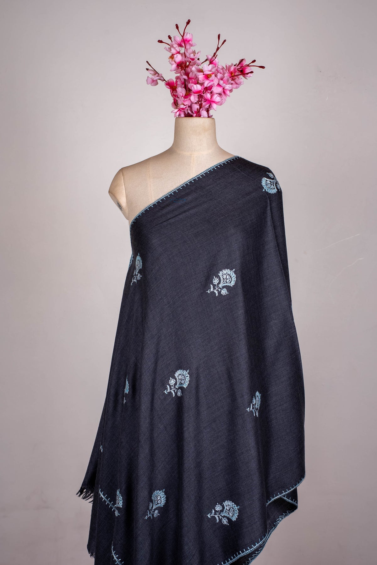 Fine Merino Wool Aari Hand Embroidered Scarf with Delicate Blue Motifs