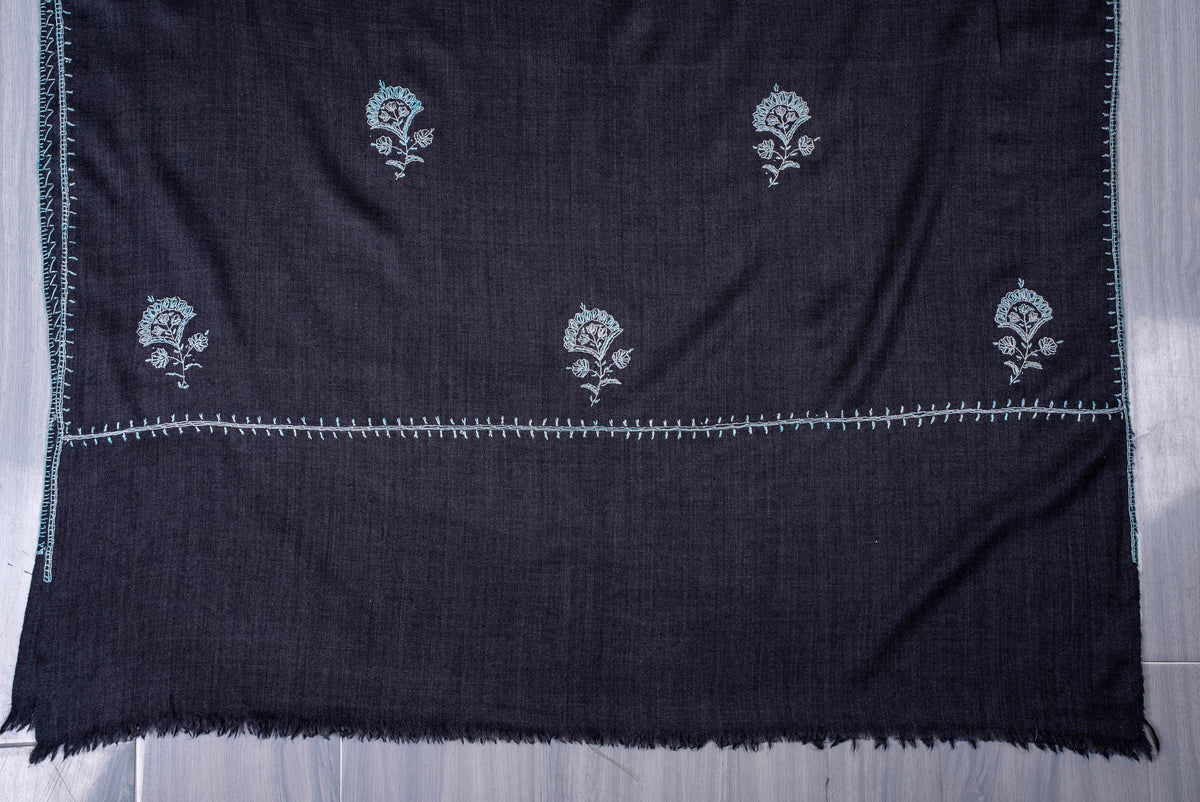 Fine Merino Wool Aari Hand Embroidered Scarf with Delicate Blue Motifs