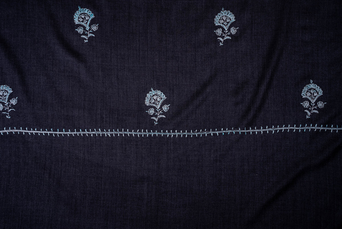 Fine Merino Wool Aari Hand Embroidered Scarf with Delicate Blue Motifs