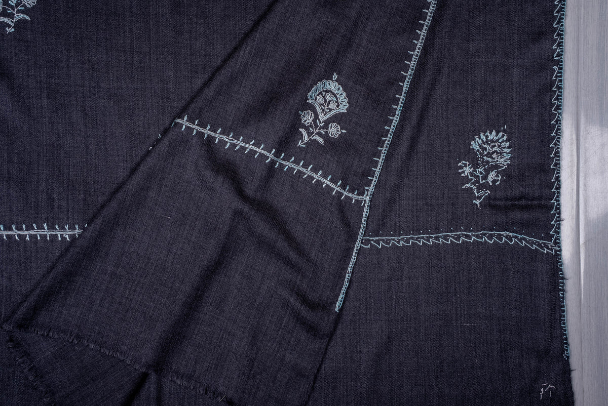 Fine Merino Wool Aari Hand Embroidered Scarf with Delicate Blue Motifs