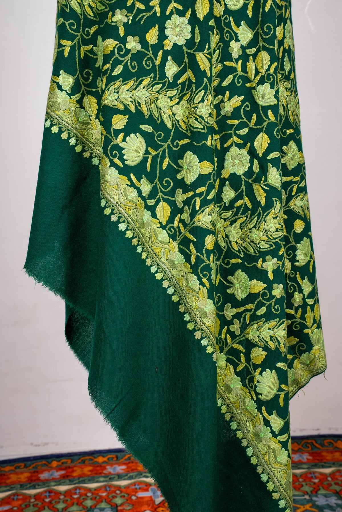 Fine Merino Wool Aari Hand Embroidered Shawl with All-Over Green Floral Vines