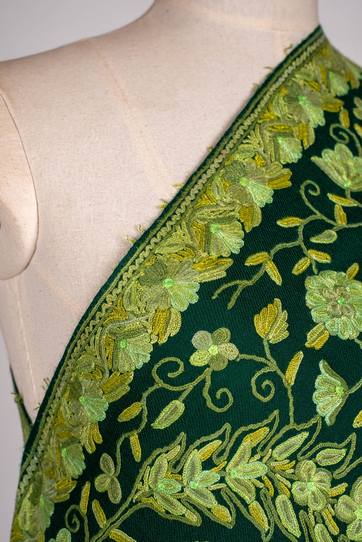 Fine Merino Wool Aari Hand Embroidered Shawl with All-Over Green Floral Vines