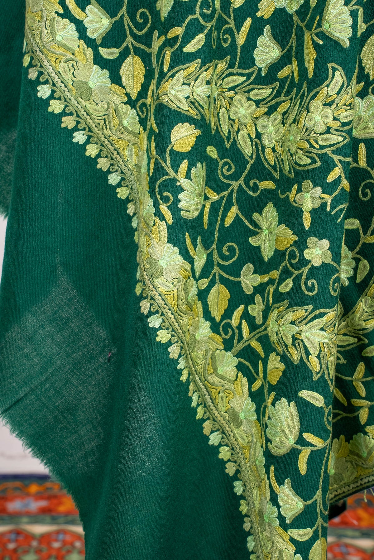 Fine Merino Wool Aari Hand Embroidered Shawl with All-Over Green Floral Vines