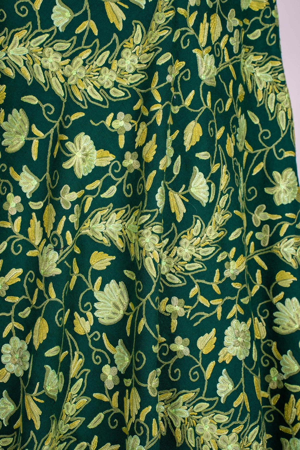 Fine Merino Wool Aari Hand Embroidered Shawl with All-Over Green Floral Vines