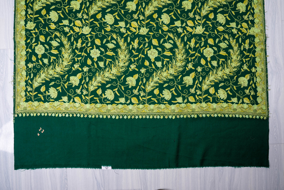 Fine Merino Wool Aari Hand Embroidered Shawl with All-Over Green Floral Vines