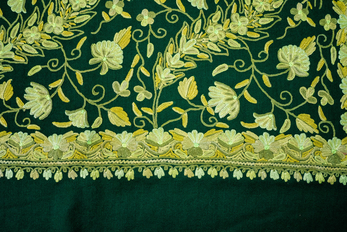 Fine Merino Wool Aari Hand Embroidered Shawl with All-Over Green Floral Vines