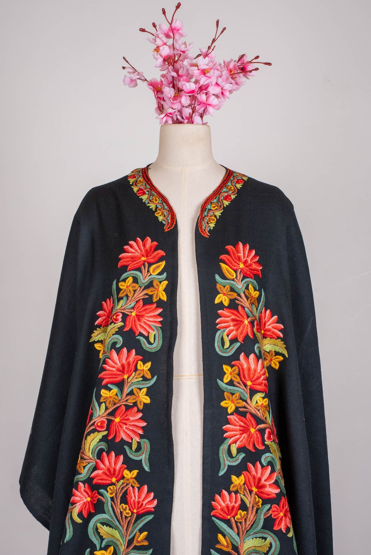 Hand Embroidered Open Front Shawl/Cape with Bold Red Floral Vines