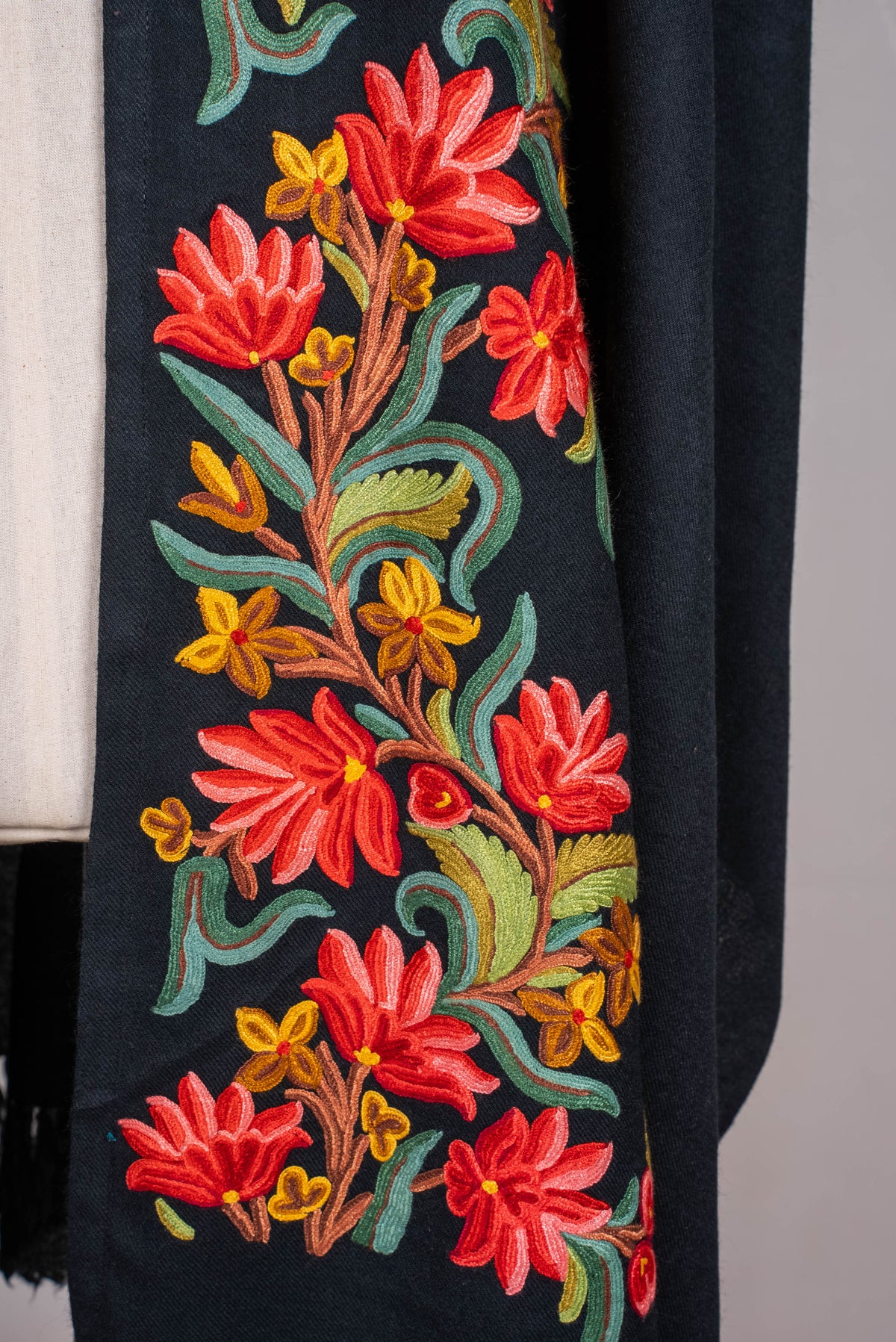 Hand Embroidered Open Front Shawl/Cape with Bold Red Floral Vines