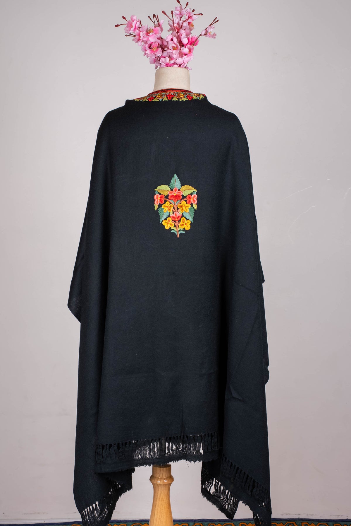 Hand Embroidered Open Front Shawl/Cape with Bold Red Floral Vines
