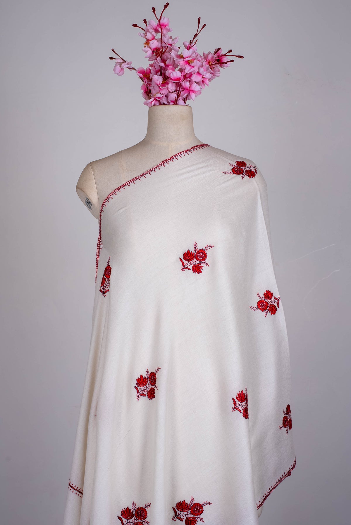 Fine Merino Wool Aari Hand Embroidered Scarf with Red Floral Buti Motifs