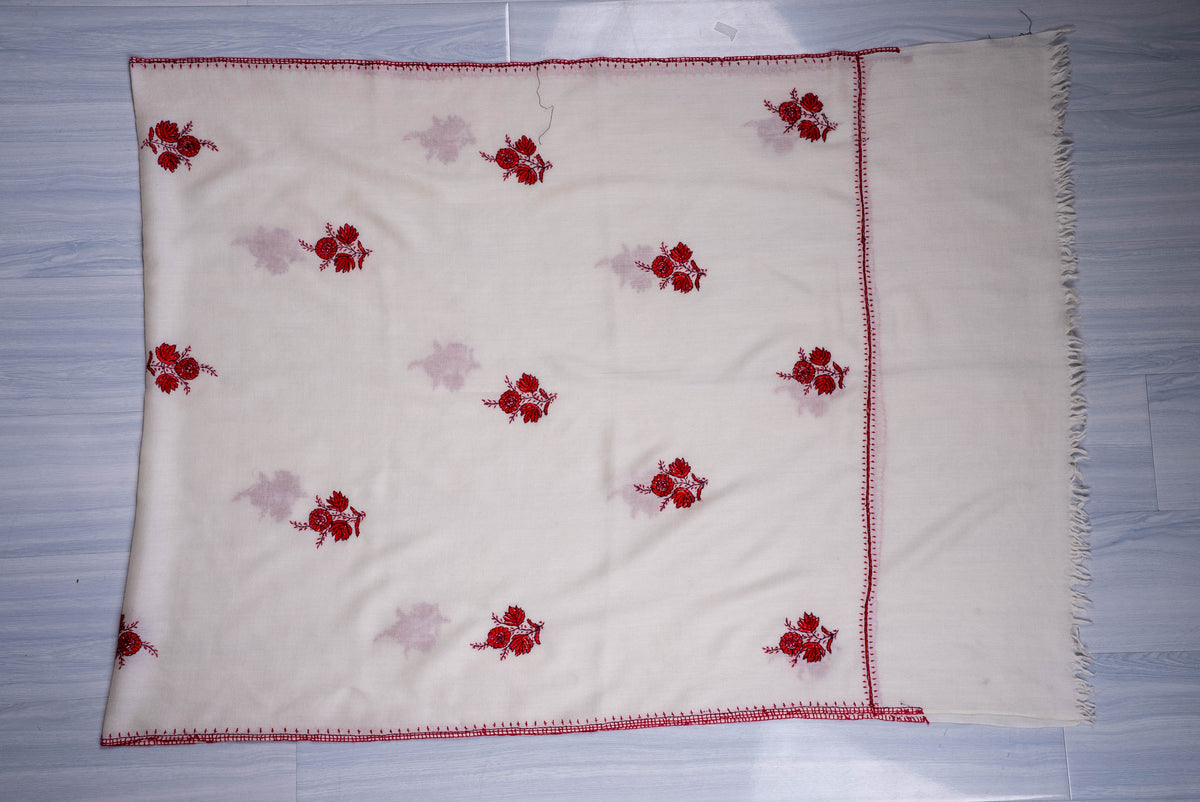 Fine Merino Wool Aari Hand Embroidered Scarf with Red Floral Buti Motifs