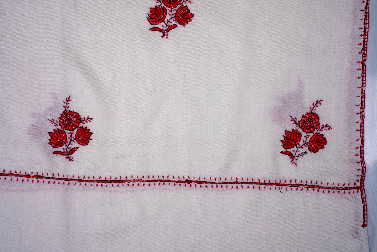 Fine Merino Wool Aari Hand Embroidered Scarf with Red Floral Buti Motifs