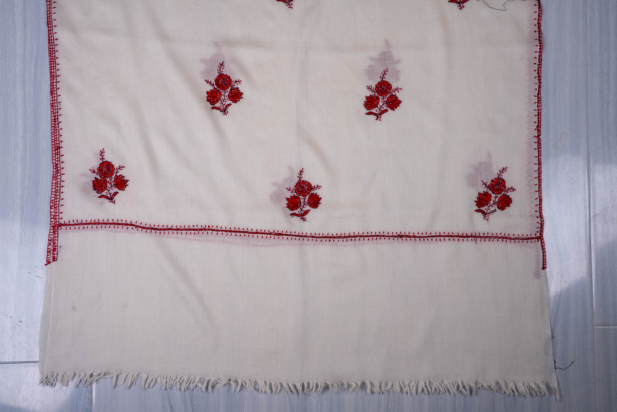Fine Merino Wool Aari Hand Embroidered Scarf with Red Floral Buti Motifs