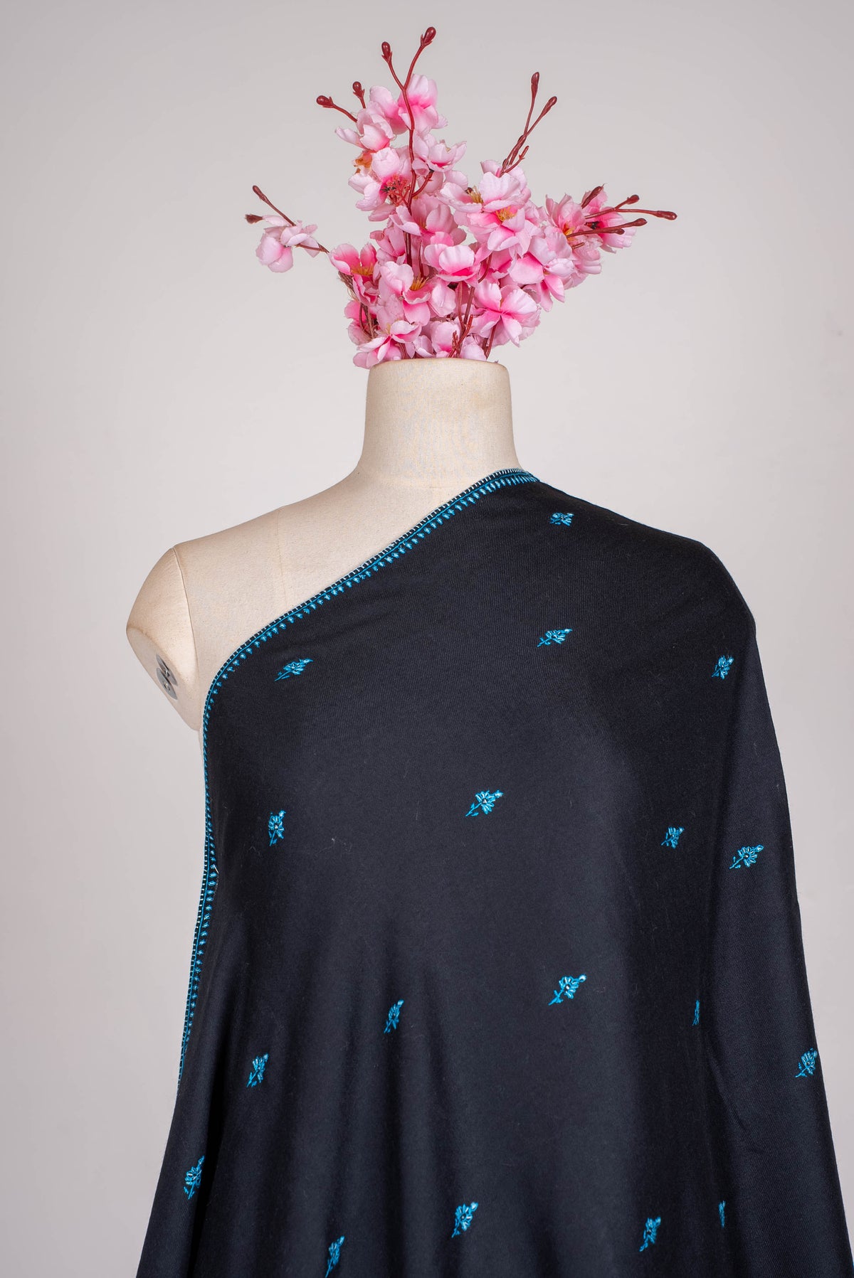 Fine Merino Wool Aari Hand Embroidered Scarf with Turquoise Buti Accents