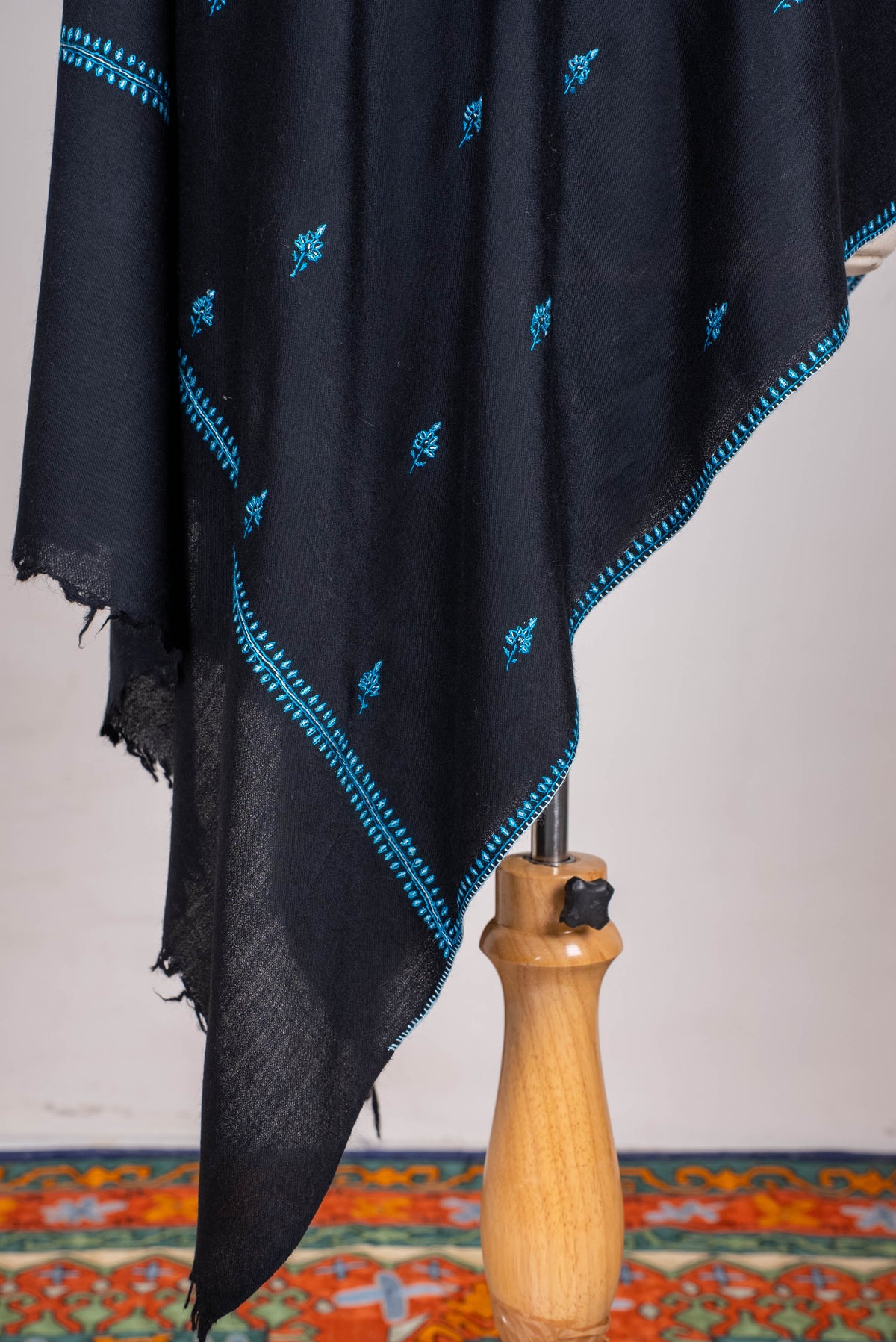 Fine Merino Wool Aari Hand Embroidered Scarf with Turquoise Buti Accents