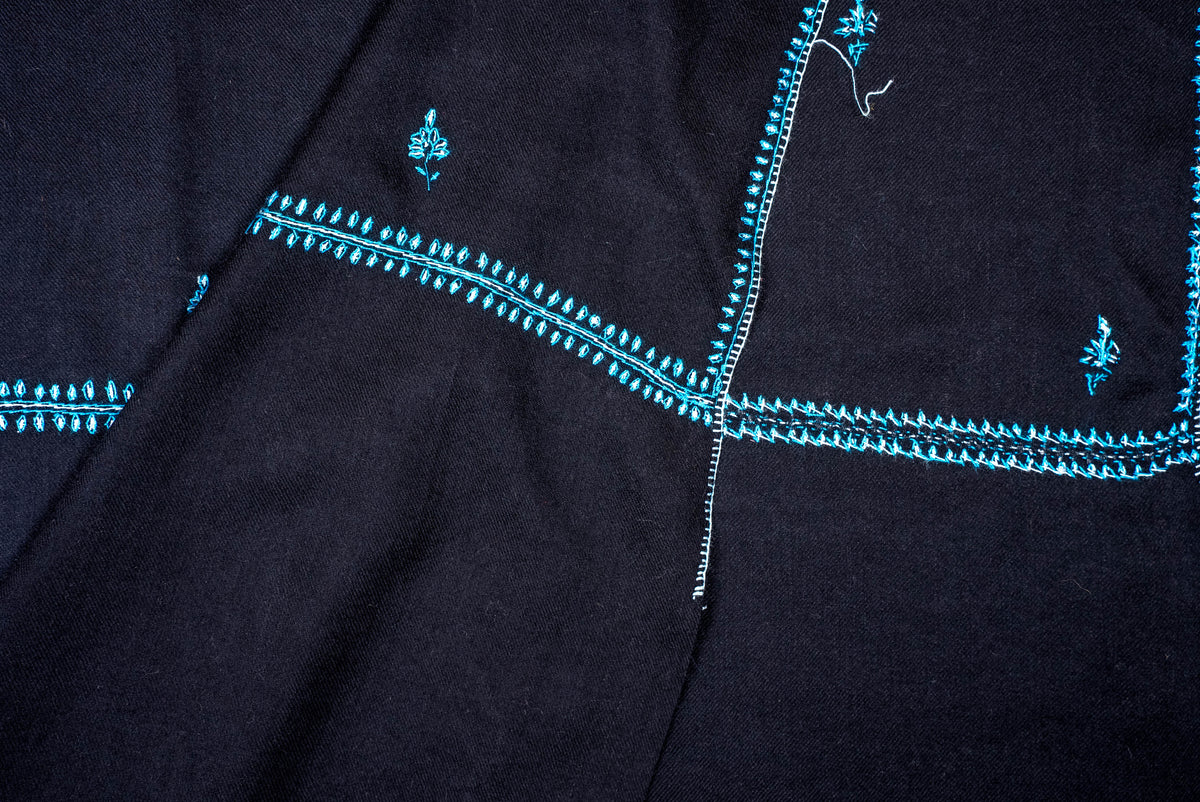 Fine Merino Wool Aari Hand Embroidered Scarf with Turquoise Buti Accents