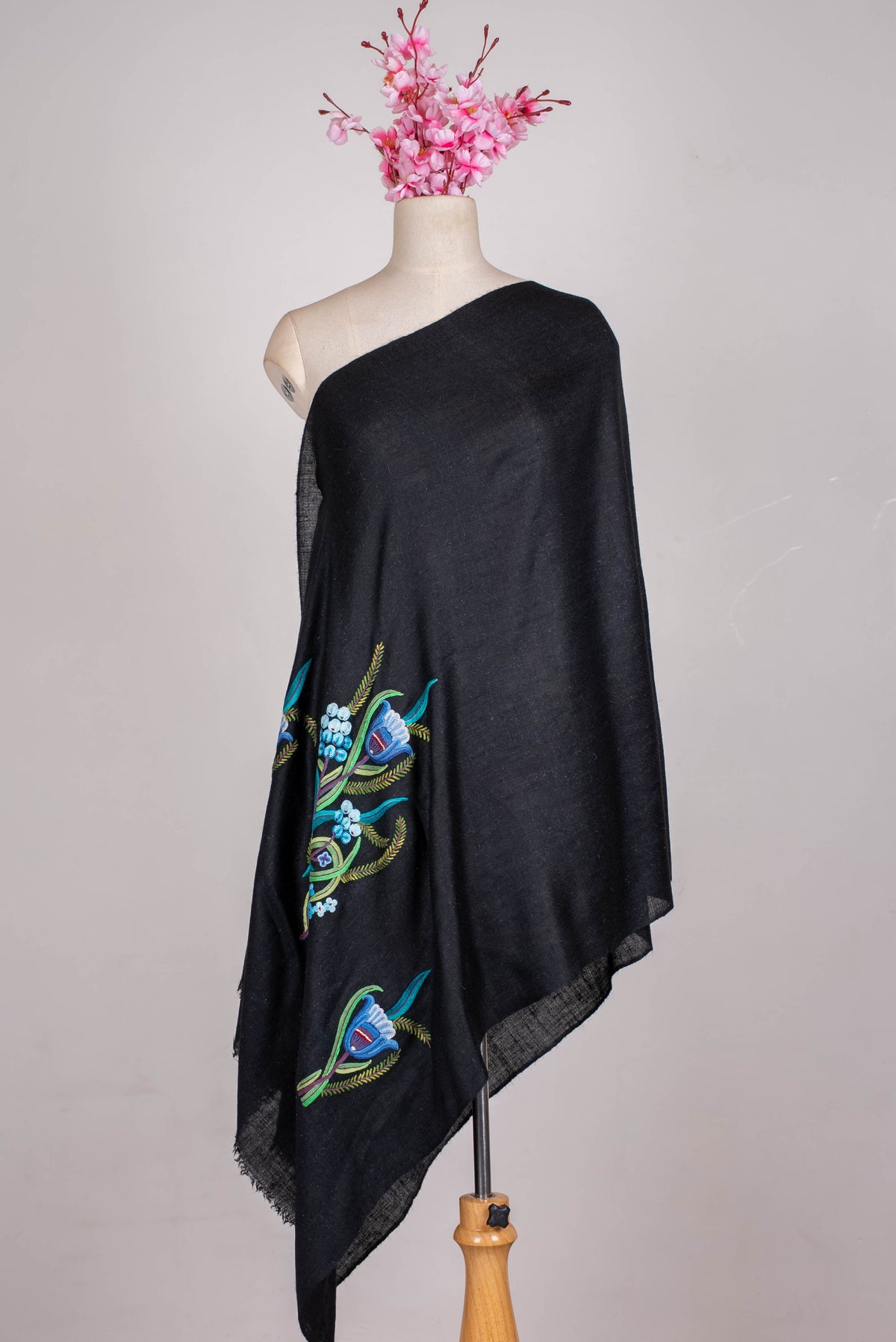 Pure Pashmina Aari Hand Embroidered Scarf with Blue Botanical Motifs