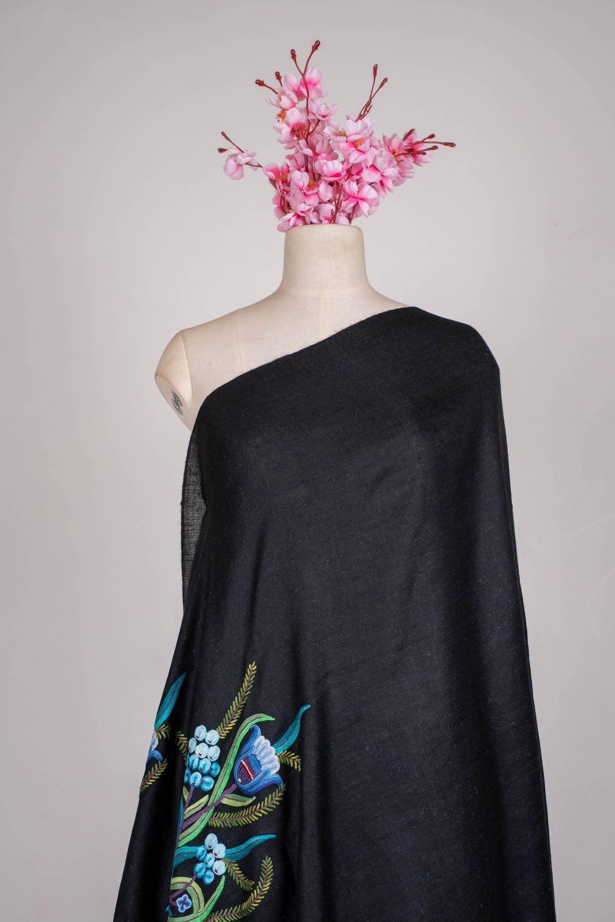 Pure Pashmina Aari Hand Embroidered Scarf with Blue Botanical Motifs