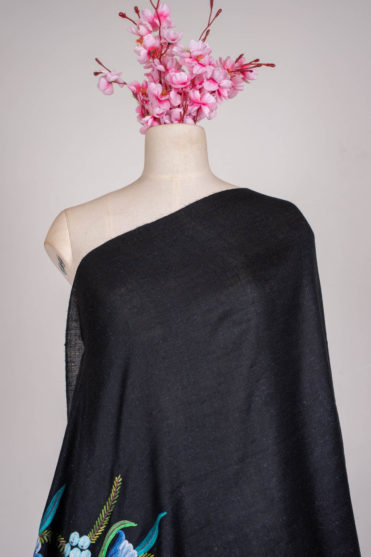 Pure Pashmina Aari Hand Embroidered Scarf with Blue Botanical Motifs