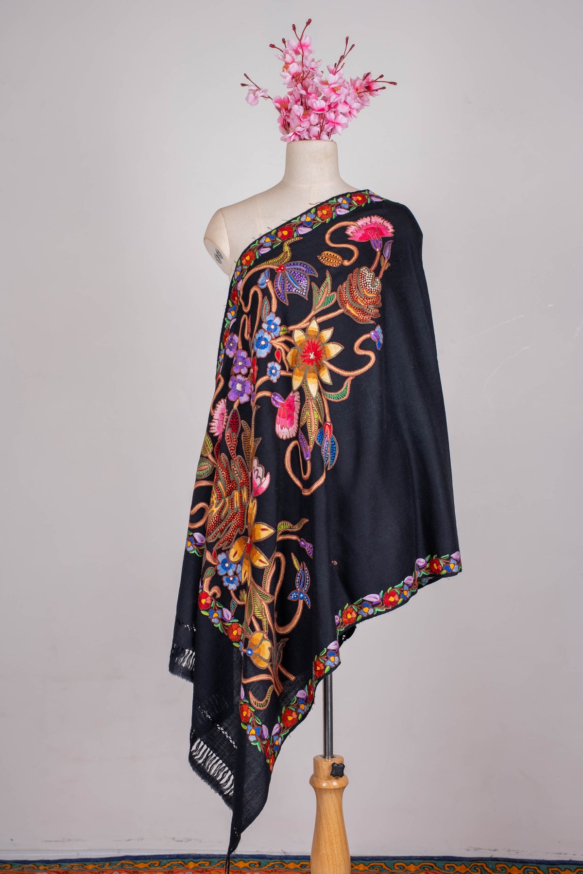 Fine Merino Wool Aari Hand Embroidered Scarf with Multicolor Floral Jaal Design