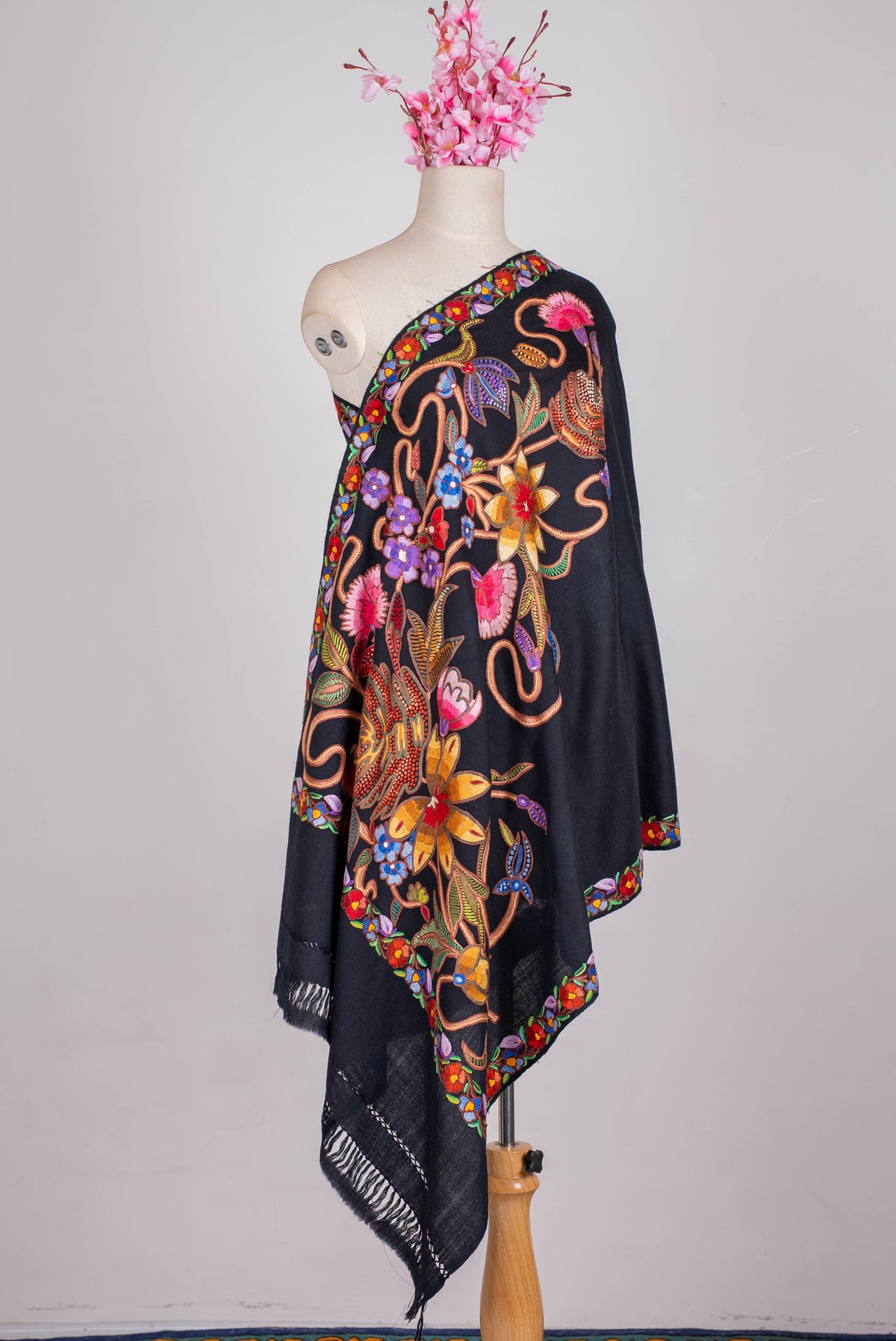 Fine Merino Wool Aari Hand Embroidered Scarf with Multicolor Floral Jaal Design