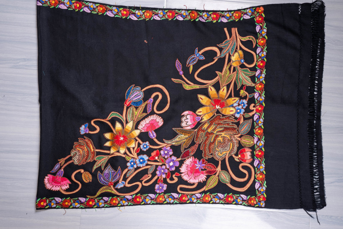 Fine Merino Wool Aari Hand Embroidered Scarf with Multicolor Floral Jaal Design