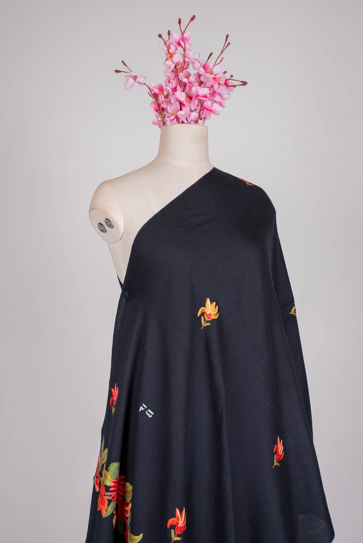 Fine Merino Wool Aari Hand Embroidered Scarf with Fiery Floral Border