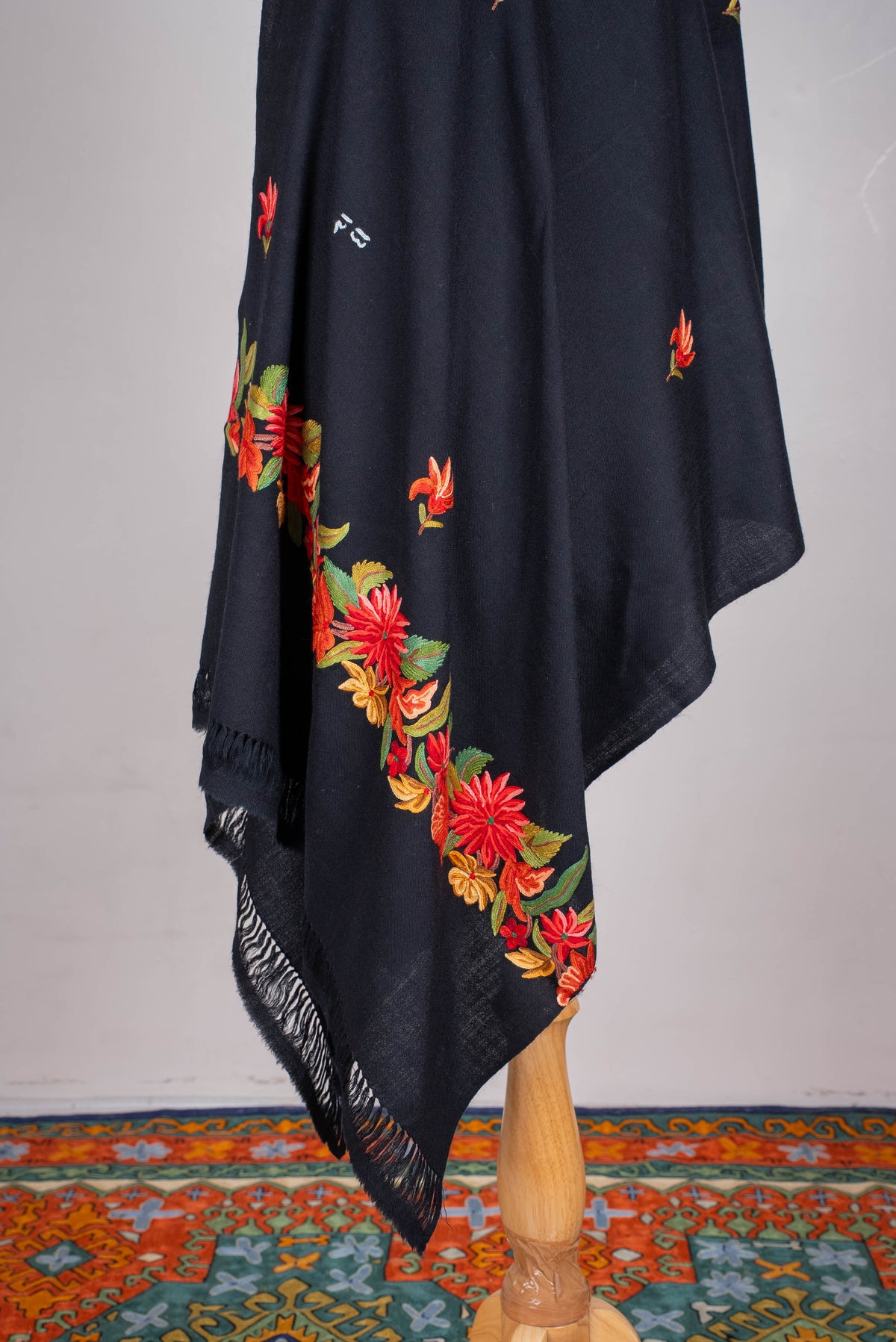 Fine Merino Wool Aari Hand Embroidered Scarf with Fiery Floral Border