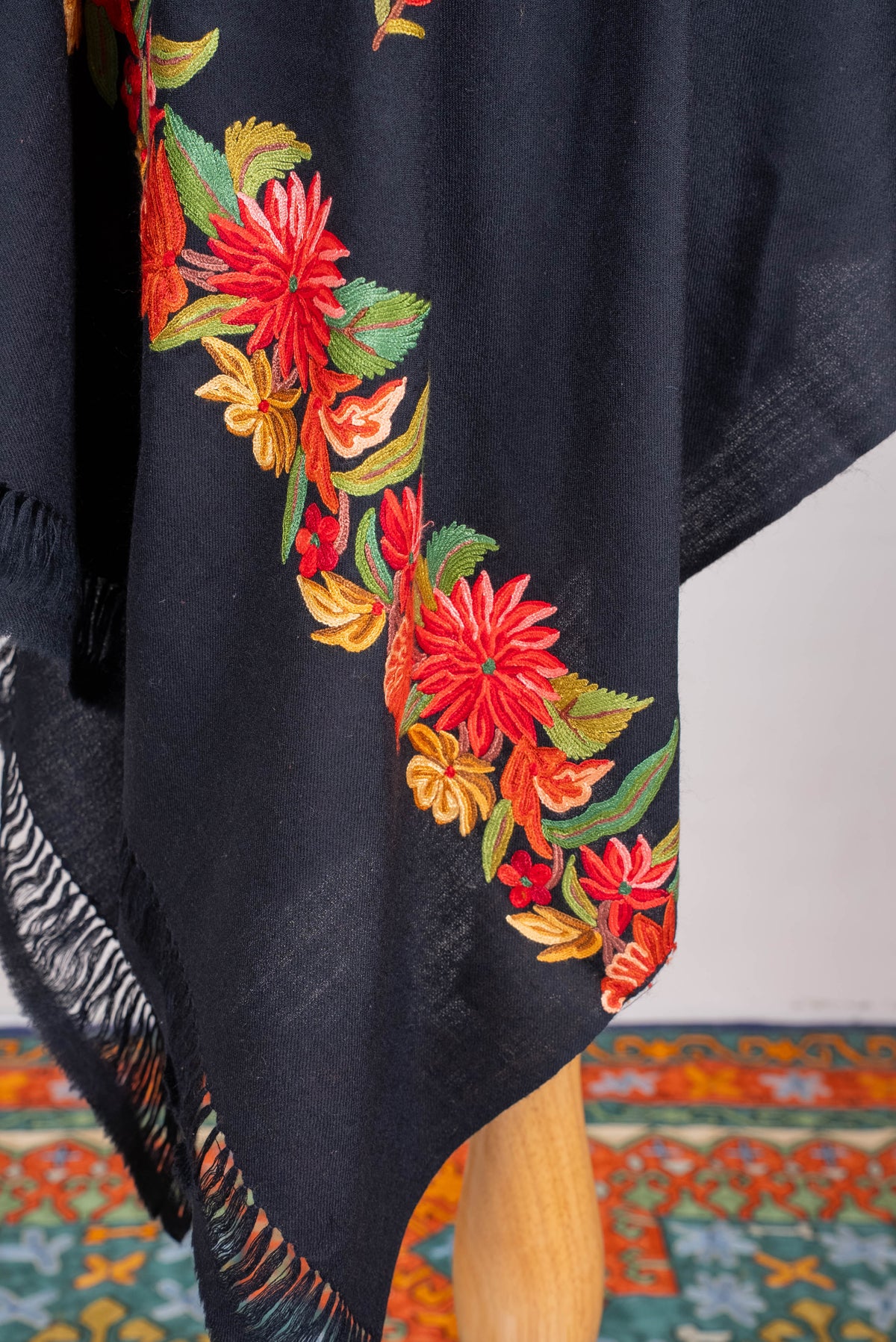 Fine Merino Wool Aari Hand Embroidered Scarf with Fiery Floral Border