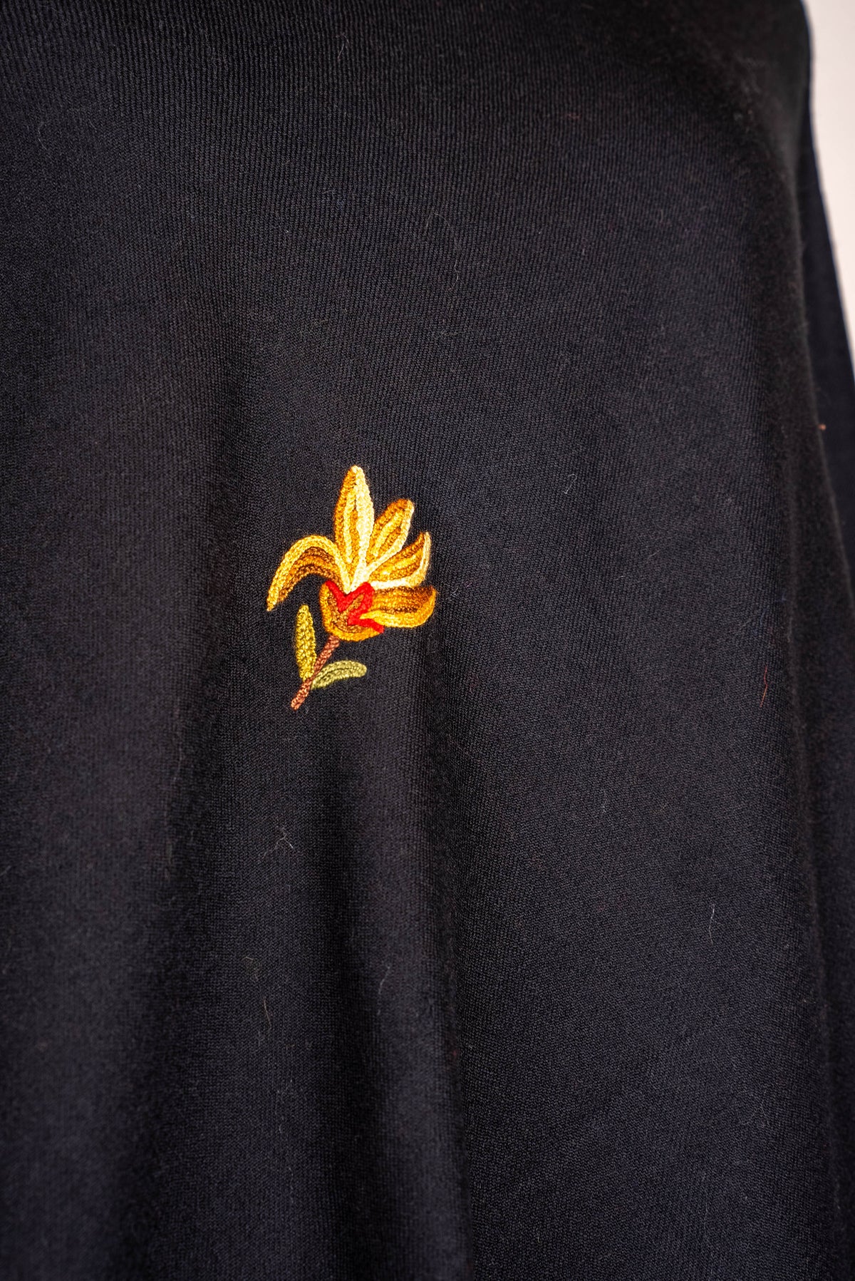 Fine Merino Wool Aari Hand Embroidered Scarf with Fiery Floral Border