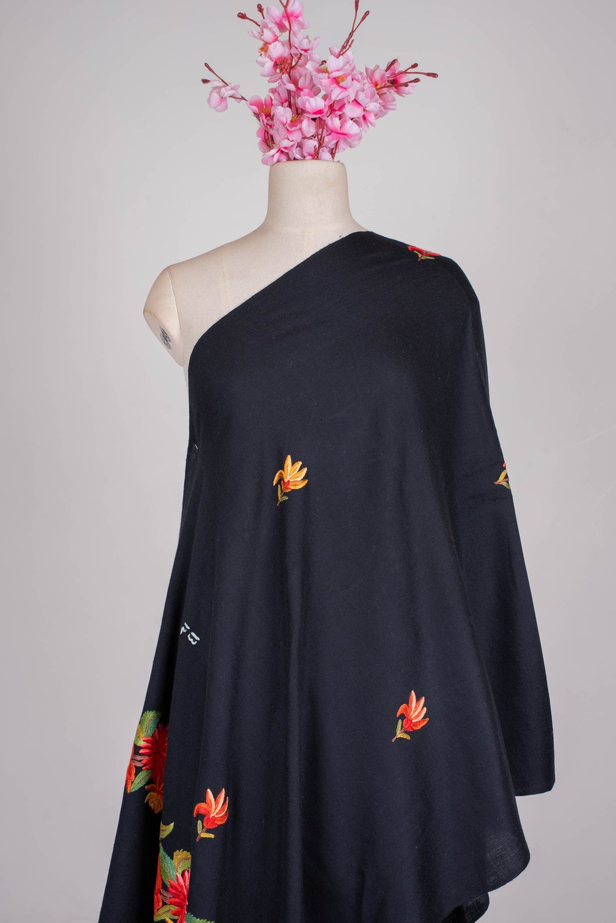 Fine Merino Wool Aari Hand Embroidered Scarf with Fiery Floral Border