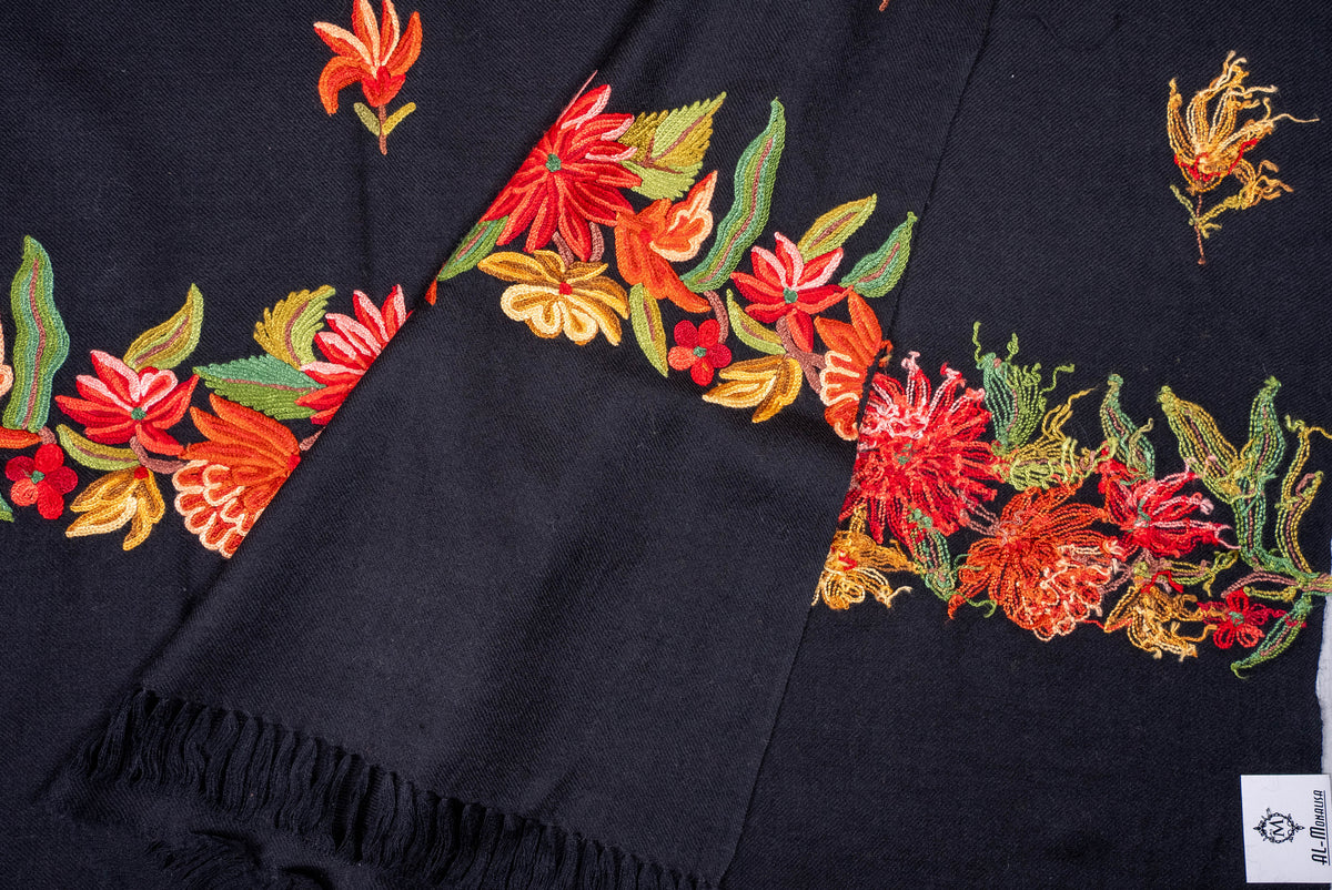 Fine Merino Wool Aari Hand Embroidered Scarf with Fiery Floral Border